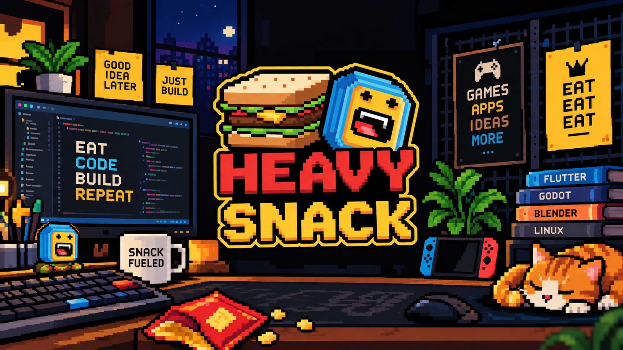 Ilustrasi pixel art Heavy Snack: ruang kerja kreatif dengan komputer, camilan, buku, dan maskot.